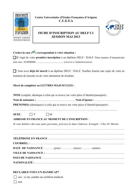 Formulaire Dalf C1 Universita C D Avignon Et Des Pays De Vaucluse