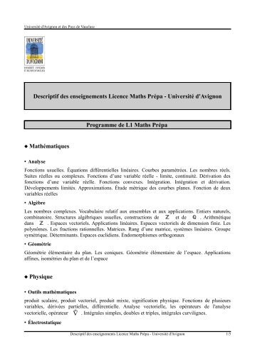 Descriptif des enseignements Licence Maths PrÃ©pa - UniversitÃ© d ...