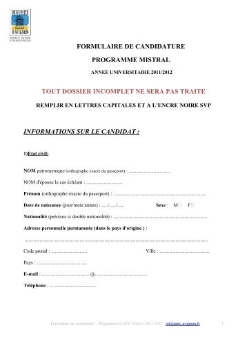 Le formulaire de candidature au programme Mistral (*.pdf)