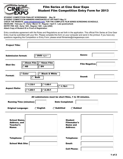 Student Short Film Competition Entry Form (pdf) - Cine Gear Expo