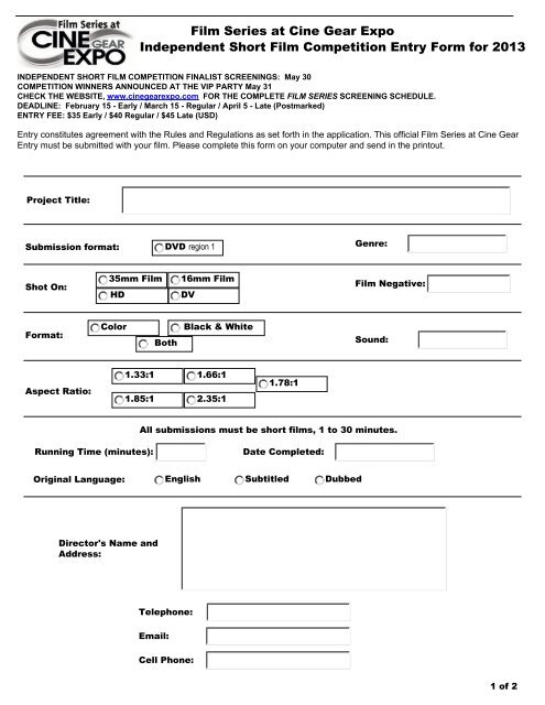 Independent Short Film Competition Entry Form (pdf) - Cine Gear Expo