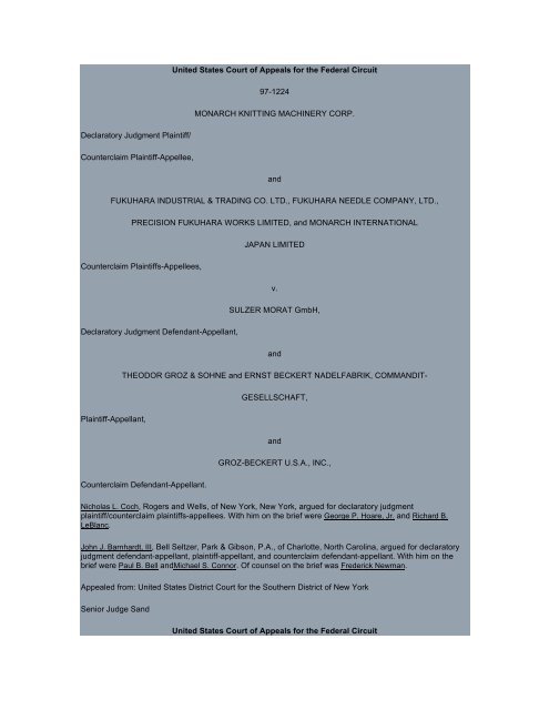 Monarch Knitting Machinery Corp. v. Sulzer Morat GmbH
