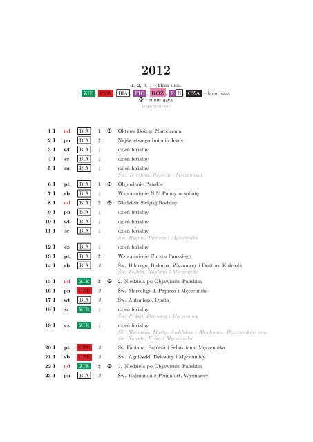 Kalendarz liturgiczny na rok 2012
