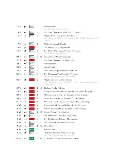 Kalendarz liturgiczny na rok 2012