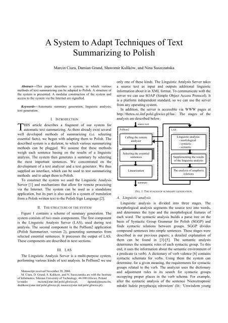 A System to Adapt Techniques of Text Summarizing to Polish