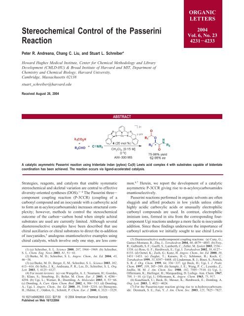 Stereochemical Control of the Passerini Reaction - American ...