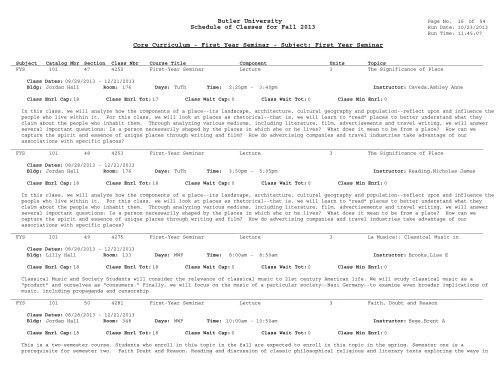Butler University Schedule of Classes for Fall 2013 Core Curriculum ...