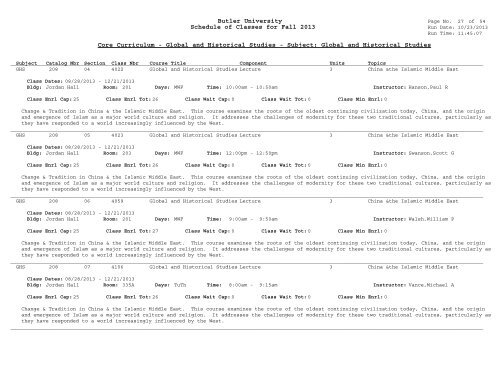 Butler University Schedule of Classes for Fall 2013 Core Curriculum ...