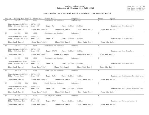 Butler University Schedule of Classes for Fall 2013 Core Curriculum ...