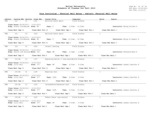 Butler University Schedule of Classes for Fall 2013 Core Curriculum ...