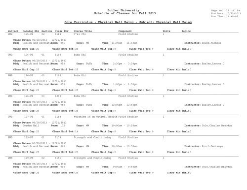 Butler University Schedule of Classes for Fall 2013 Core Curriculum ...