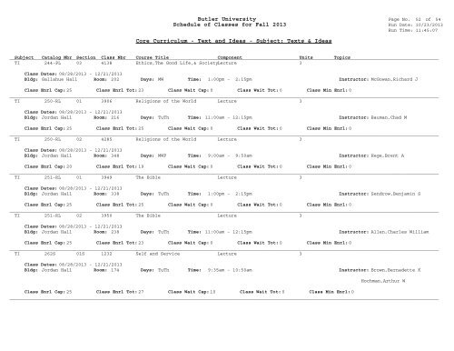 Butler University Schedule of Classes for Fall 2013 Core Curriculum ...