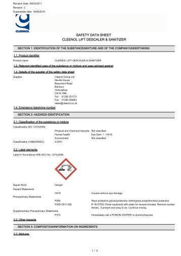 safety data sheet cleenol lift descaler & sanitizer - Gompels.co.uk