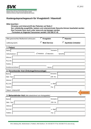 Kostengutsprachegesuch fÃ¼r VivaglobinÂ® / HizentraÂ® - bei SVK