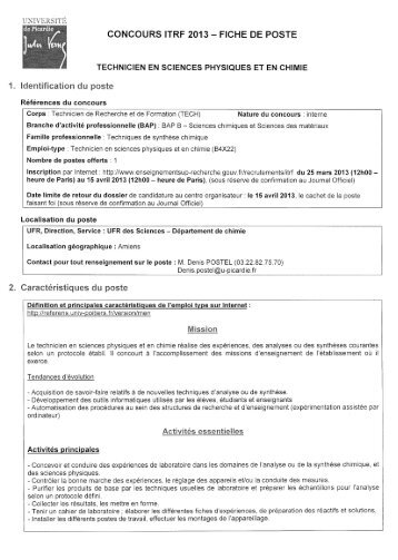 CONCOURS ITRF 2013 â FICHE DE POSTE - UniversitÃ© Lille 1