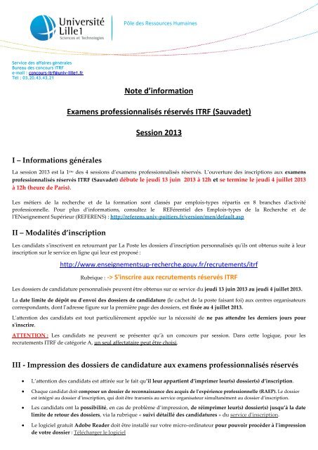 Note d'information Examens professionnalisÃ©s ... - UniversitÃ© Lille 1