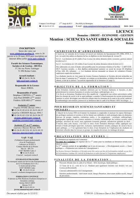 LICENCE Mention : SCIENCES SANITAIRES &amp; SOCIALES