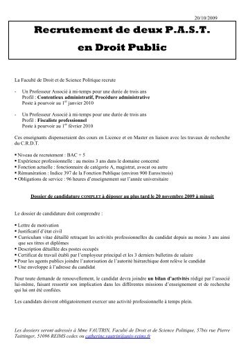 Recrutement de deux P.A.S.T. en Droit Public
