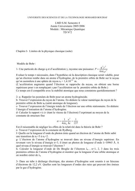 Exercice 9 : - UniversitÃ© des Sciences et de la Technologie d'Oran ...