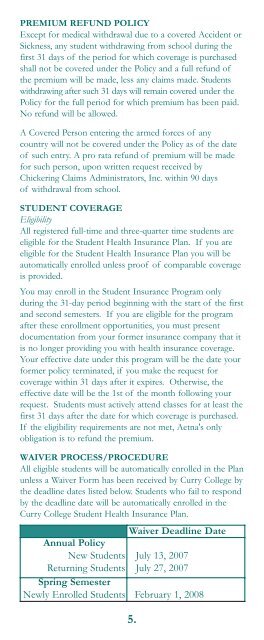 CURRY COLLEGE - University Health Plans