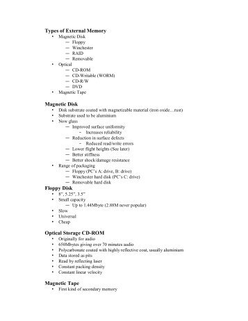 Types of External Memory Magnetic Disk Floppy Disk Optical ...