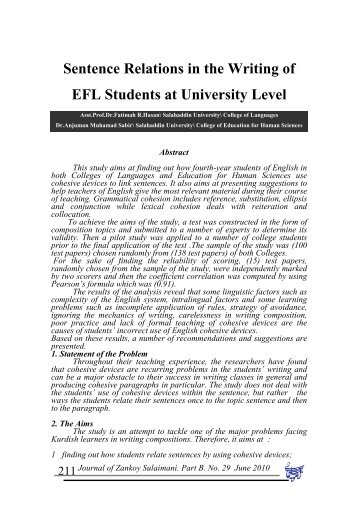 Sentence Relations in the Writing of EFL Students at University Level