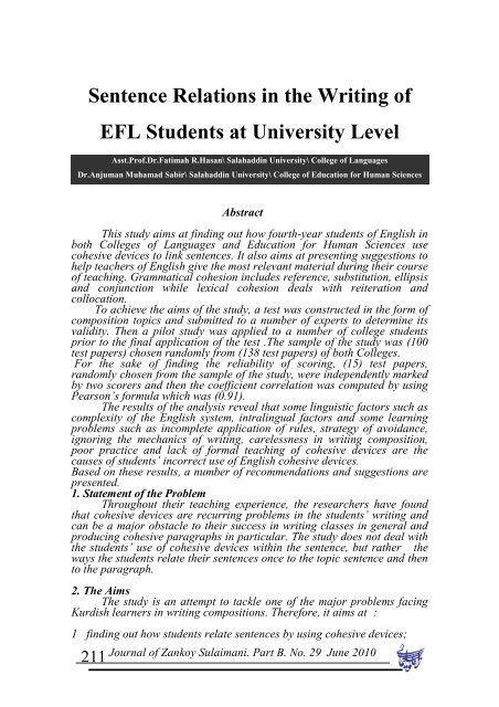 Sentence Relations in the Writing of EFL Students at University Level