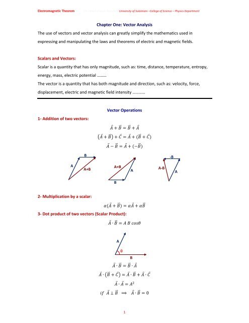 Chapter One: Vector Analysis The use of vectors and vector analysis ...