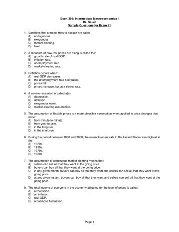 Page 1 Econ 303: Intermediate Macroeconomics I Dr. Sauer Sample ...