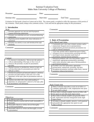 Seminar Evaluation Form - College of Pharmacy - Idaho State ...