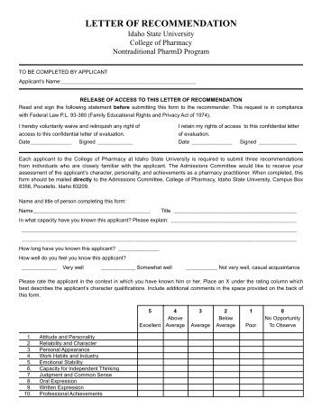 letter of recommendation - College of Pharmacy - Idaho State ...