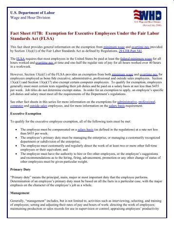 Exemption for Executive Employees Under the Fair Labor Standards ...