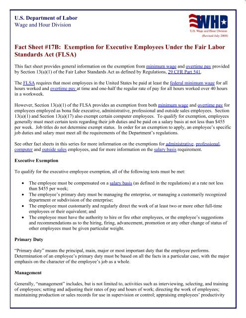 Exemption for Executive Employees Under the Fair Labor Standards ...