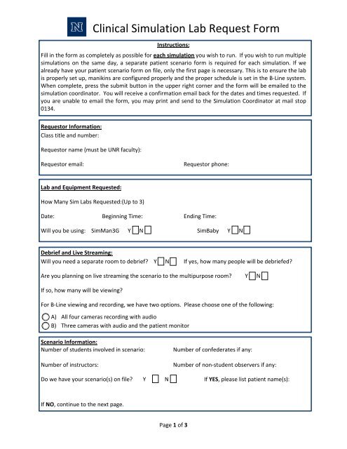Clinical Simulation Lab Request Form - University of Nevada, Reno