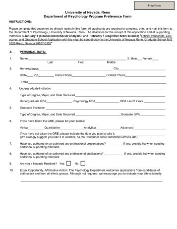 Program Preference Form - University of Nevada, Reno