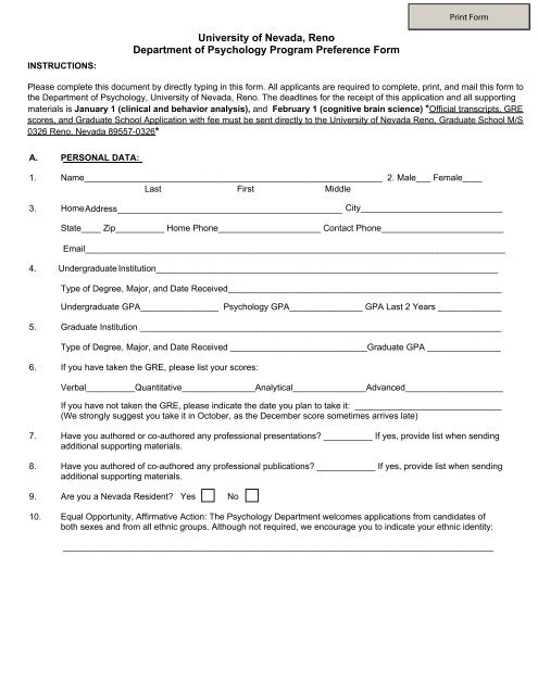 Program Preference Form - University of Nevada, Reno