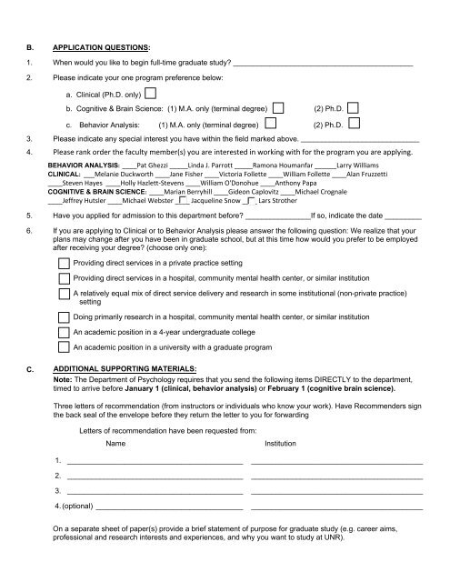 Program Preference Form - University of Nevada, Reno