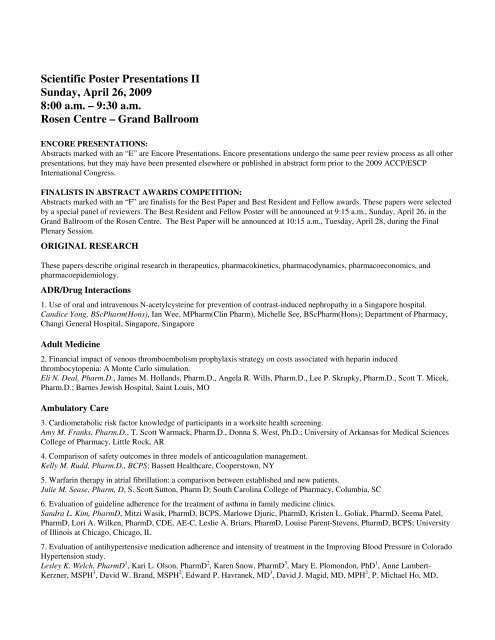 Scientific Poster Presentations II Sunday, April 26, 2009 8 ... - ACCP