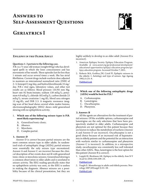 Geriatrics I Answers to Self-Assessment Questions - ACCP