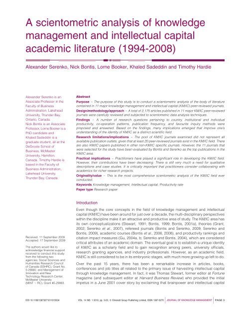 A scientometric analysis of knowledge management and ... - Emerald