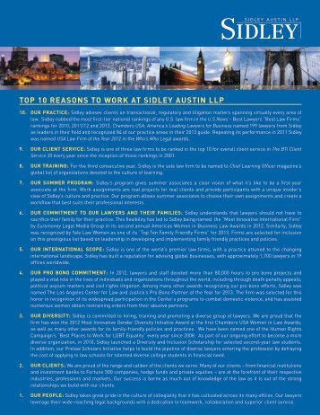 TOP 10 REASONS TO wORk AT SIDLEY AUSTIN LLP