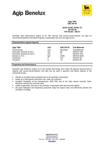 Agip 7004 SAE 5W-40 ACEA A3/B3, A3/B4, C3 VW 502 00 VW ...