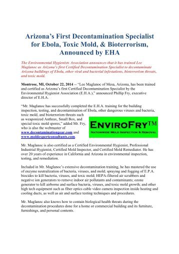 Arizona’s First Decontamination Specialist for Ebola, Toxic Mold, & Bioterrorism, Announced by EHA
