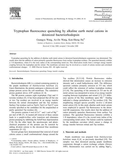 Tryptophan fluorescence quenching by alkaline earth metal cations ...