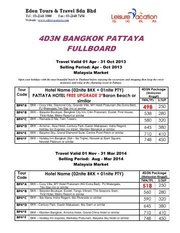 4D3N Bangkok / Pattaya FULLBOARD - Eden Tours & Travel Sdn Bhd
