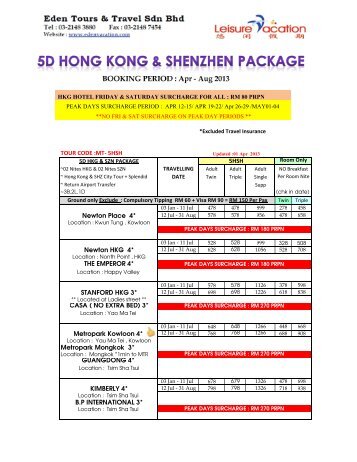 rates - Eden Tours & Travel Sdn Bhd