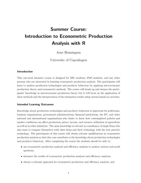 Summer Course: Introduction to Econometric Production Analysis ...