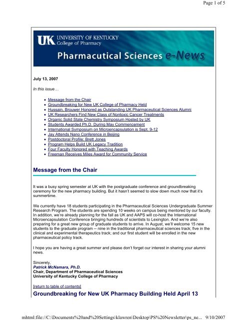 Summer 2007 [pdf] - University of Kentucky - College of Pharmacy