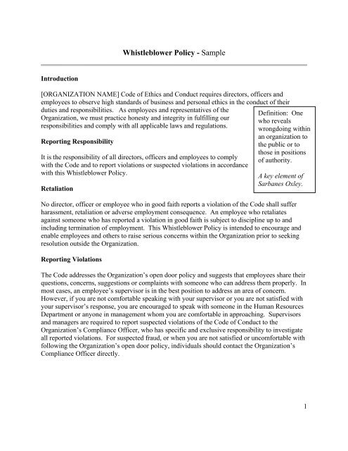 Whistleblower Policy Sample