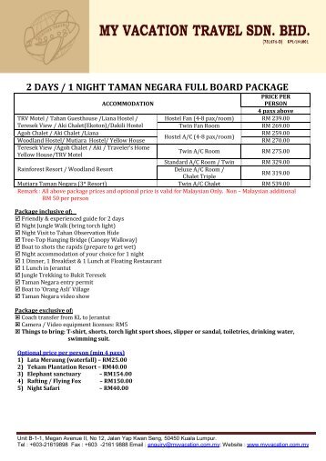 2 DAYS / 1 NIGHT TAMAN NEGARA FULL BOARD PACKAGE